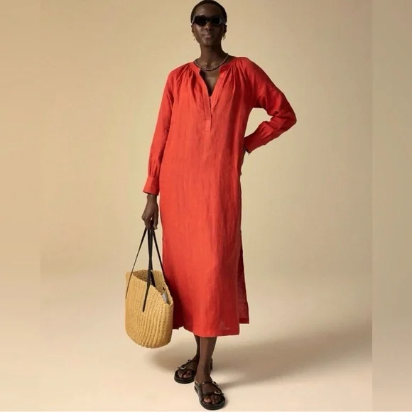 J. Crew | 100% Linen Cabana Maxi Dress in Red Sand Brand~ New w/o Tag 2X - Picture 4 of 13